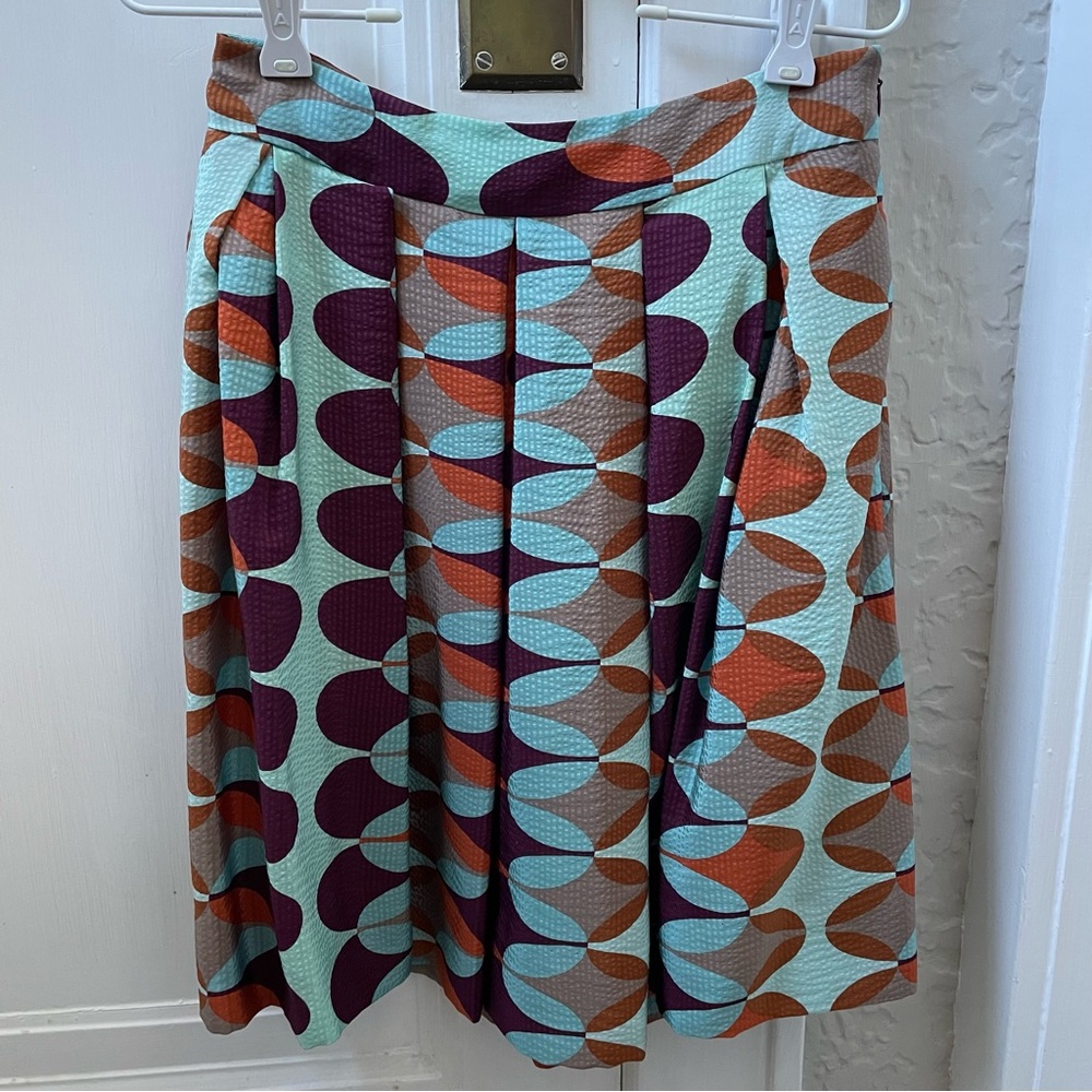 Anthropologie Retro Geometric Teal, Plum & Rust Pleated Skirt